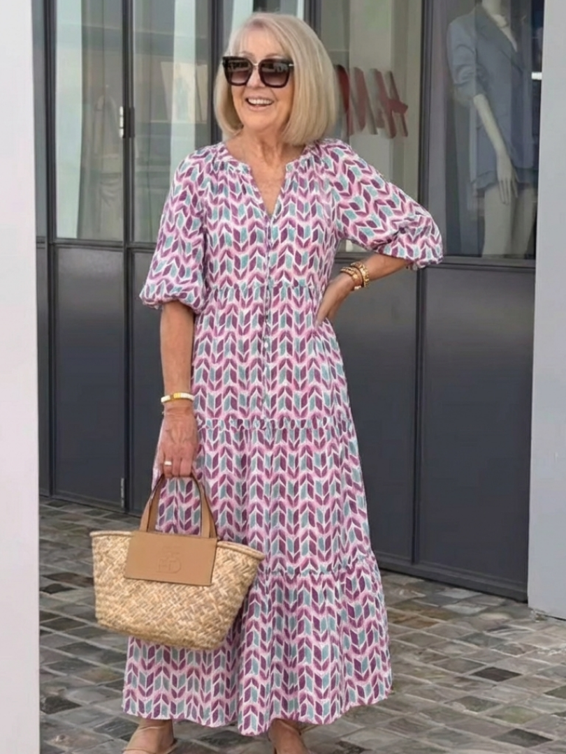 Mireya™ Geometric Print Long Sleeve Tiered Midi Dress