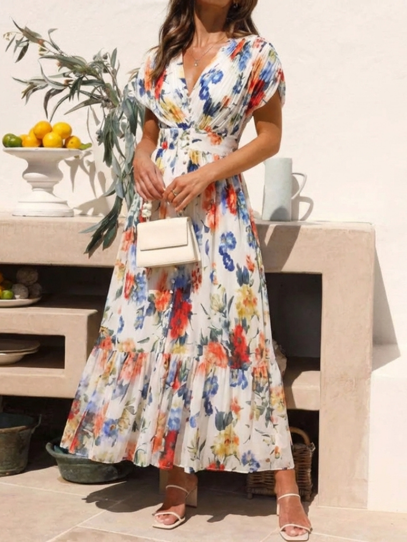 Savannah™ Short Sleeve Pleated Floral Midi Dress
