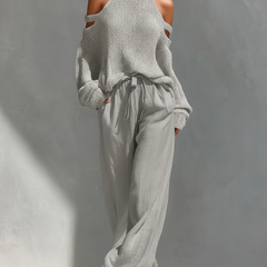 Elyzia™ Off-Shoulder Knit Top and Wide-Leg Pants Set