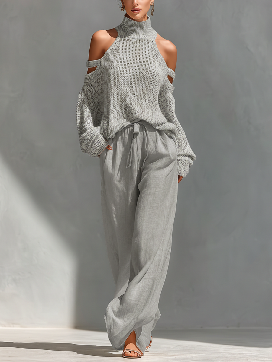 Elyzia™ Off-Shoulder Knit Top and Wide-Leg Pants Set