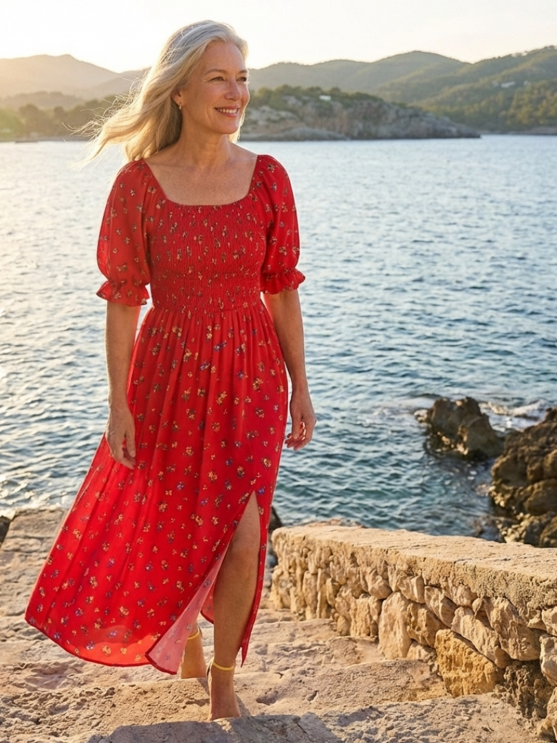 Delphine™ Square Neck Floral Puff Sleeve Midi Dress