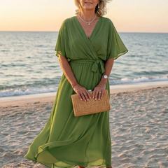 Elysia™ V Neck Draped Waist Tie Midi Dress