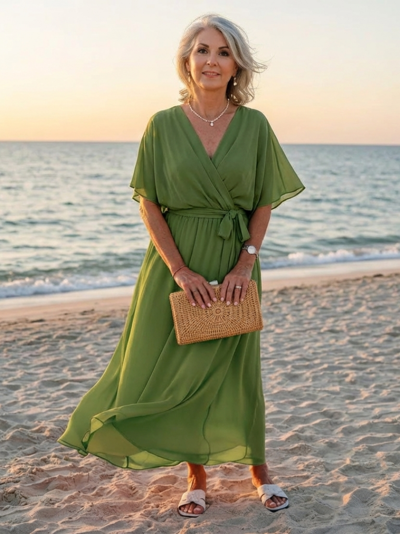 Elysia™ V Neck Draped Waist Tie Midi Dress