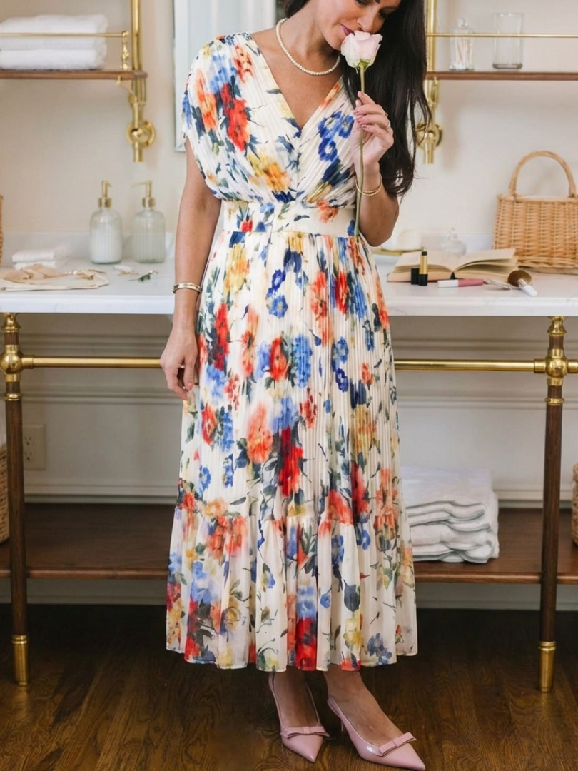 Savannah™ Short Sleeve Pleated Floral Midi Dress