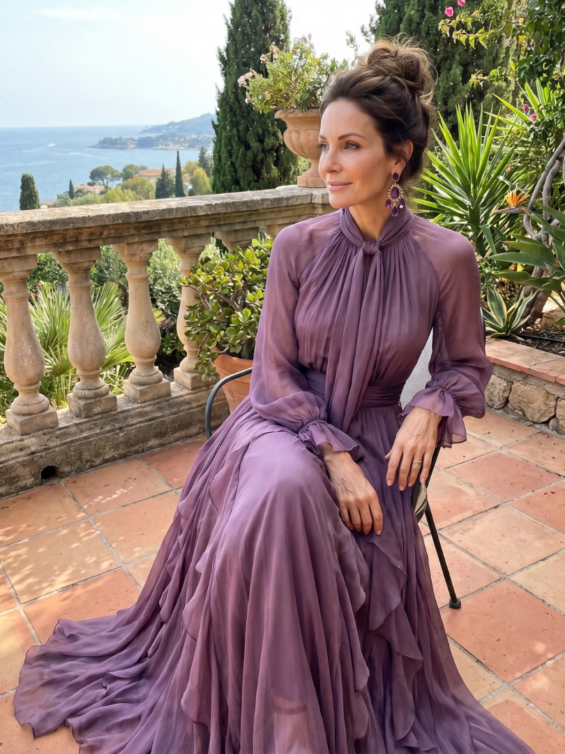 Demetria™ Tie Neck Ruffle Tiered Maxi Dress