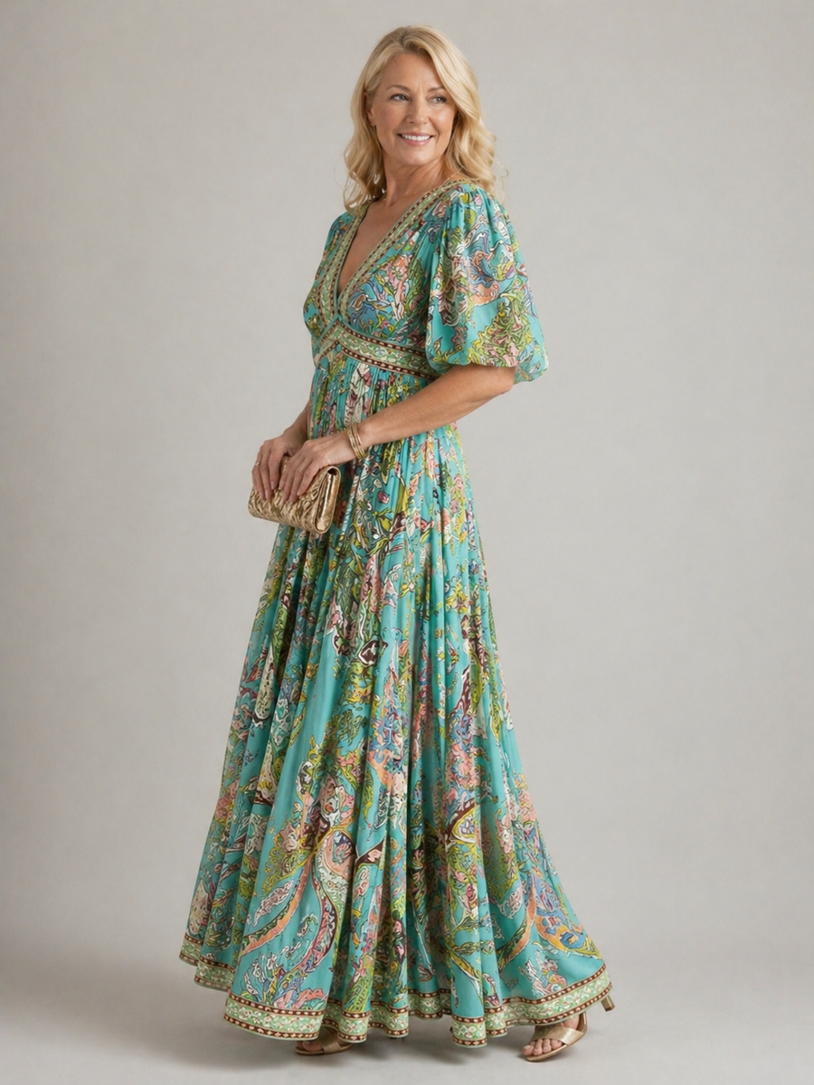 Evangelina™ Airy Maxi Dress with Puff Sleeves and V-neck