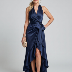 Honora™ Halter Neck Wrap Asymmetric Hem Midi Dress