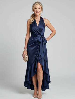 Honora™ Halter Neck Wrap Asymmetric Hem Midi Dress