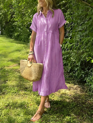 Marina™ Elegant Striped Maxi Shirt Dress with Pockets