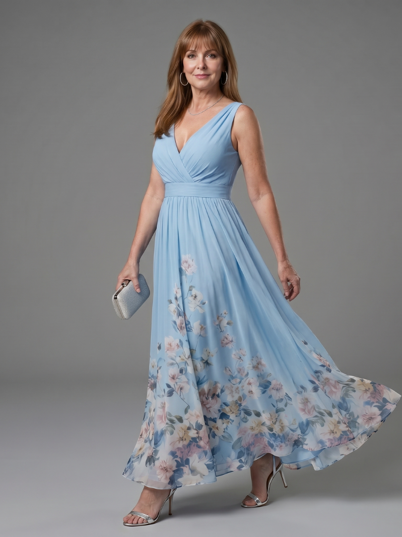 Clarissa™ Sleeveless V Neck Soft Floral Hem Midi Dress