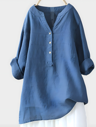 Veronique Elegant Cotton-Linen V-Neck Blouse