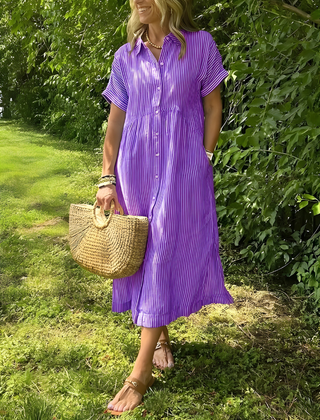 Marina™ Elegant Striped Maxi Shirt Dress with Pockets