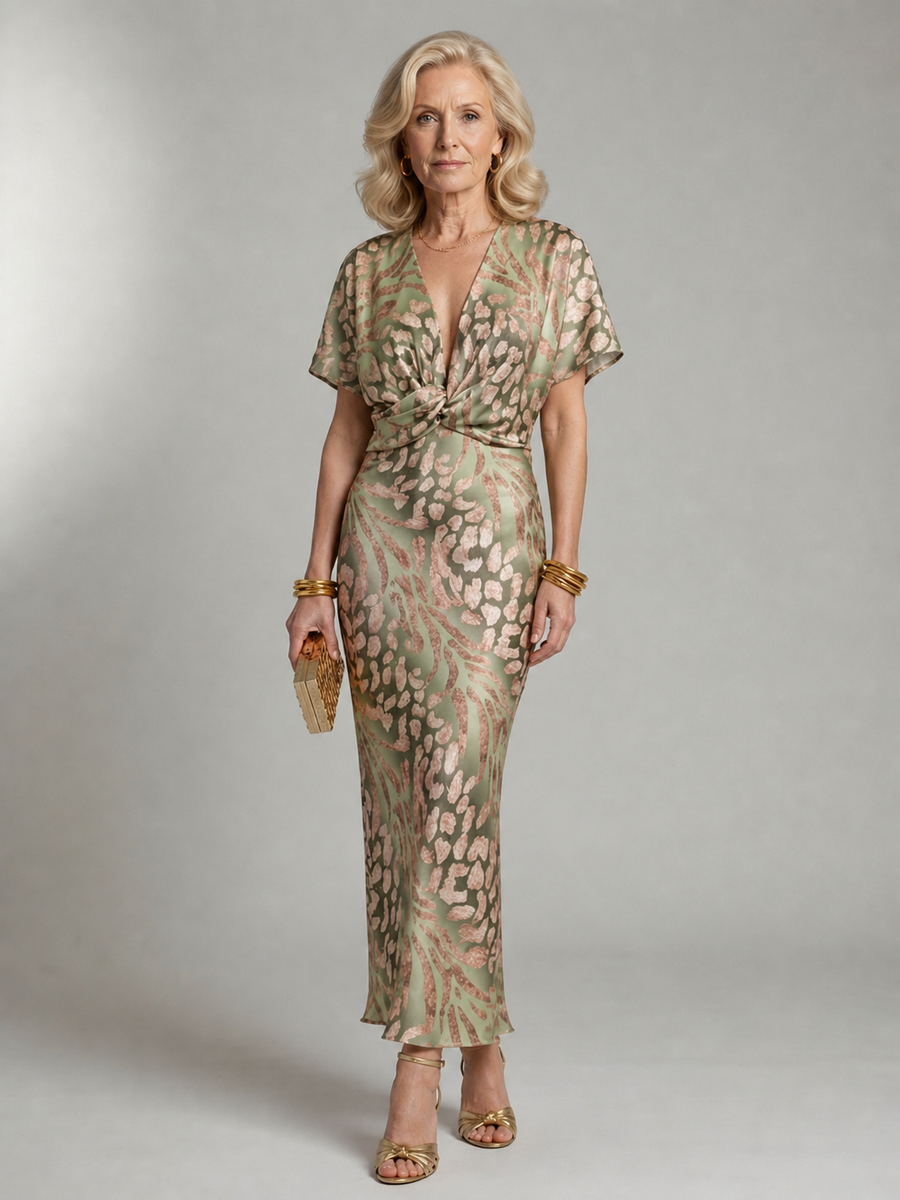 Seraphina™ Abstract Print V Neck Twist Waist Midi Dress