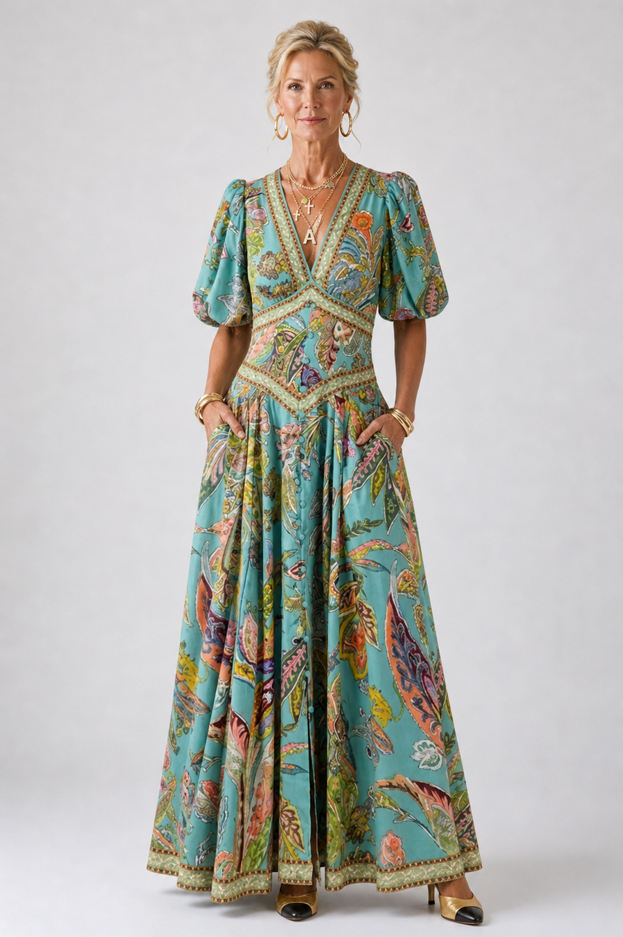 Evangelina™ Airy Maxi Dress with Puff Sleeves and V-neck