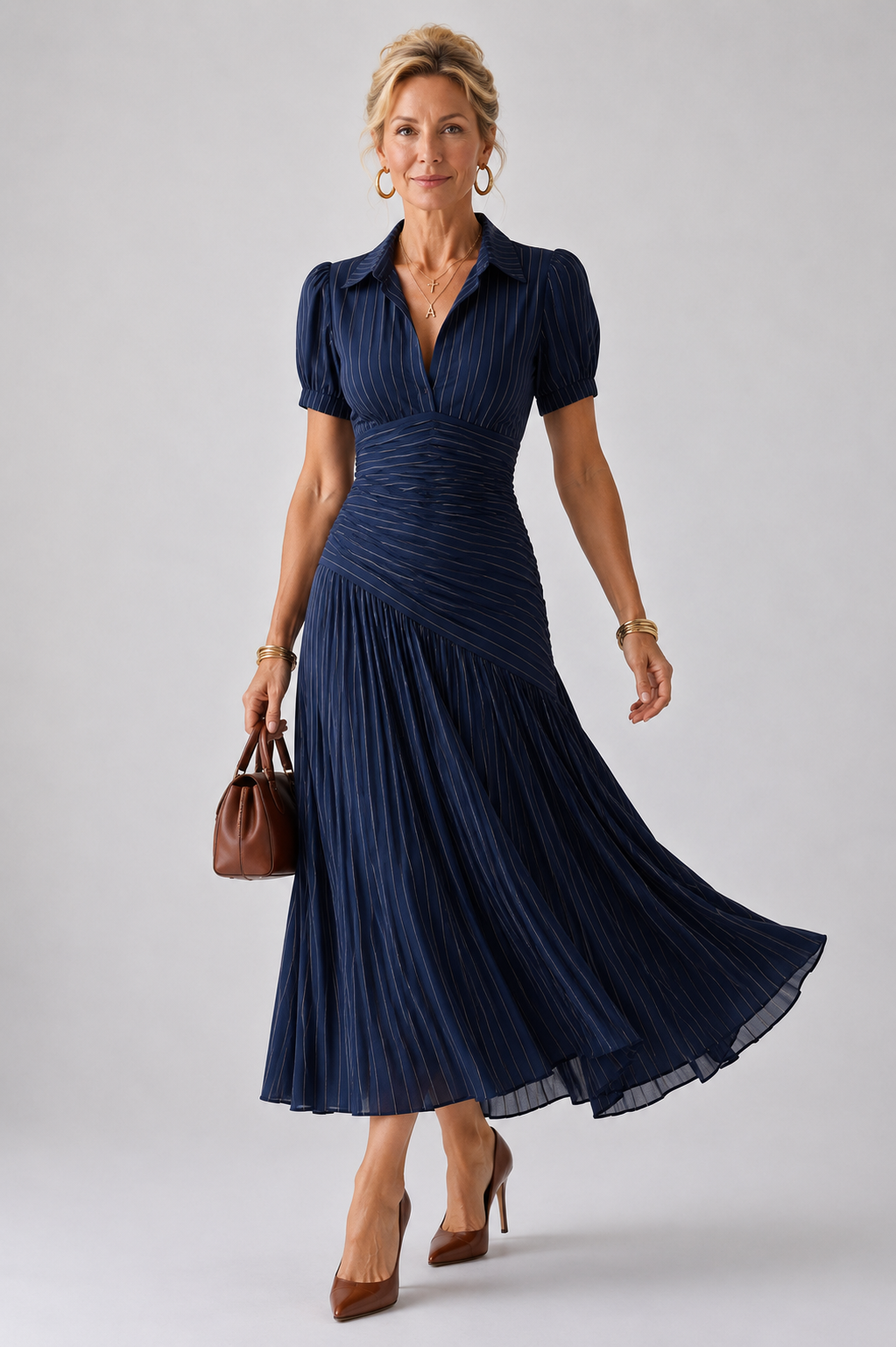 Theodora™ Pleated Waistline Stripe Midi Dress