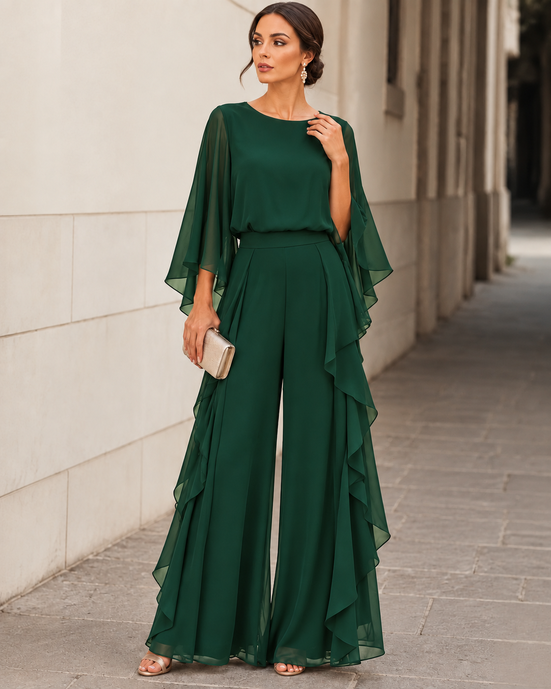 Lenorah™ Cape-Sleeve Top and Ruffled Skirt Two-Piece Set