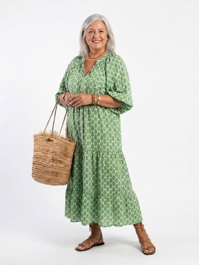 Apolline™ Three Quarter Sleeve V Neck Patterned Midi Dress