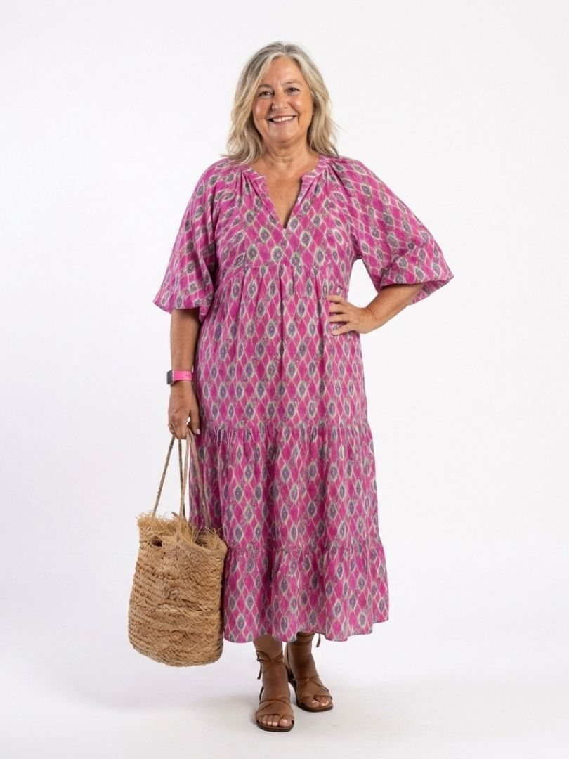Apolline™ Three Quarter Sleeve V Neck Patterned Midi Dress