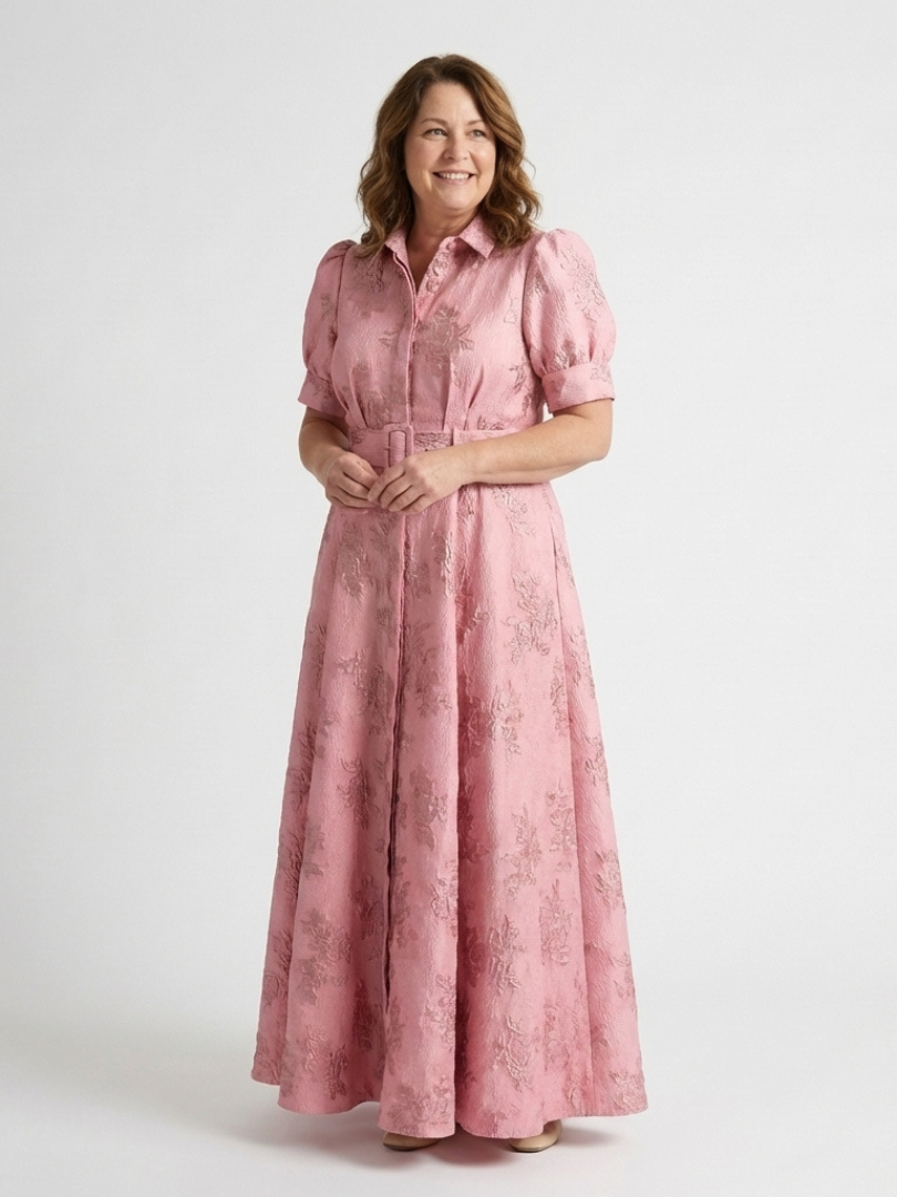 Xanthea™ Short Sleeve Belted Floral Textured Maxi Shirt Dress