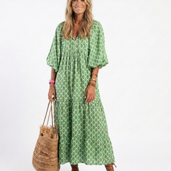 Apolline™ Three Quarter Sleeve V Neck Patterned Midi Dress