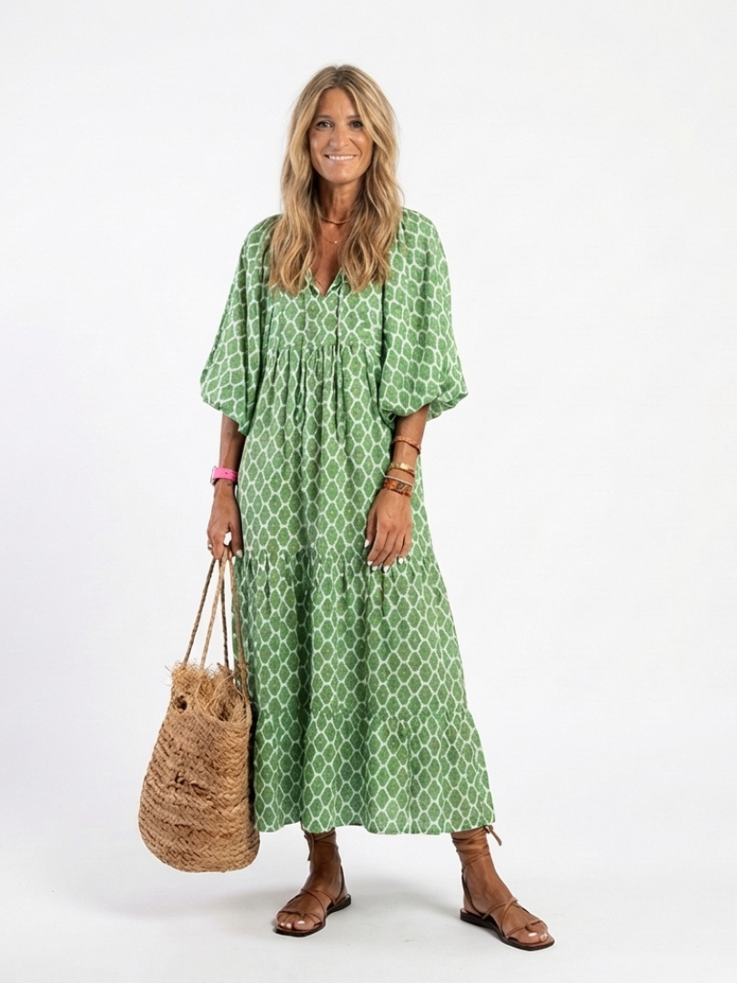 Apolline™ Three Quarter Sleeve V Neck Patterned Midi Dress