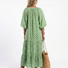 Apolline™ Three Quarter Sleeve V Neck Patterned Midi Dress