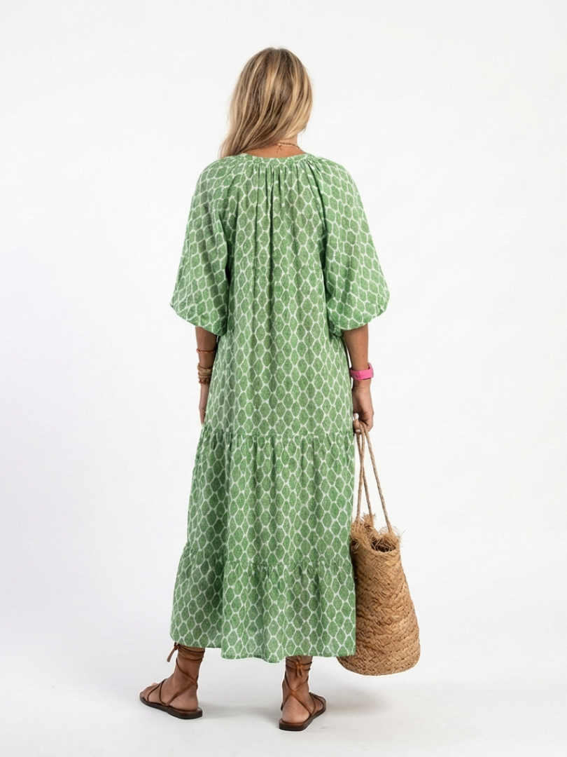 Apolline™ Three Quarter Sleeve V Neck Patterned Midi Dress