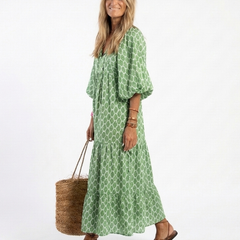 Apolline™ Three Quarter Sleeve V Neck Patterned Midi Dress