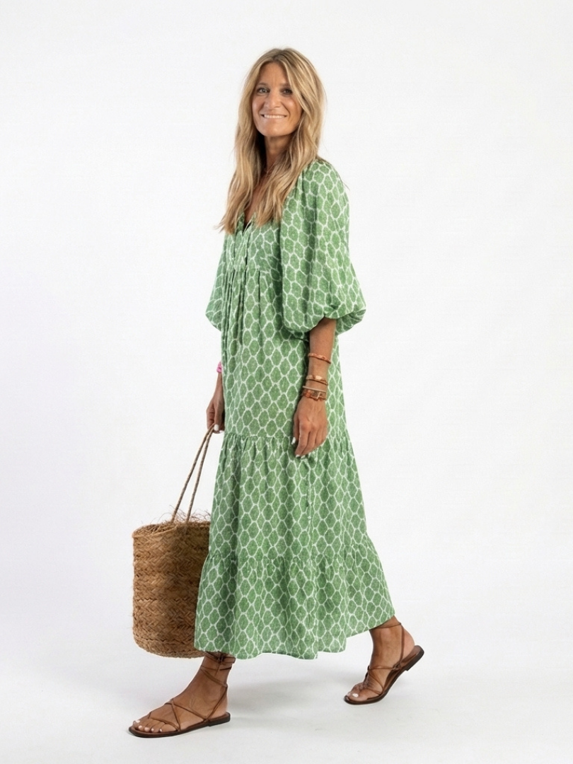 Apolline™ Three Quarter Sleeve V Neck Patterned Midi Dress