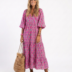 Apolline™ Three Quarter Sleeve V Neck Patterned Midi Dress