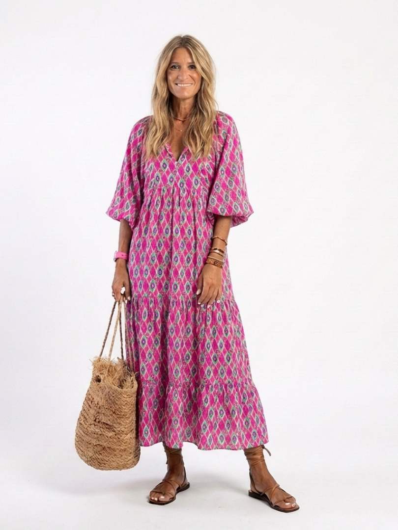 Apolline™ Three Quarter Sleeve V Neck Patterned Midi Dress