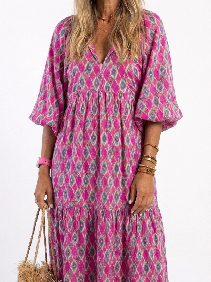 Apolline™ Three Quarter Sleeve V Neck Patterned Midi Dress