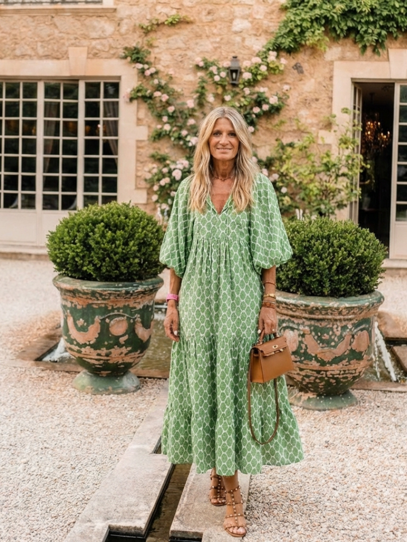 Apolline™ Three Quarter Sleeve V Neck Patterned Midi Dress