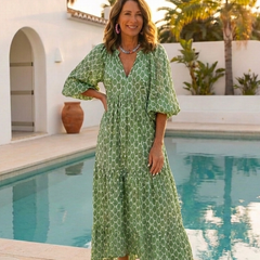 Apolline™ Three Quarter Sleeve V Neck Patterned Midi Dress