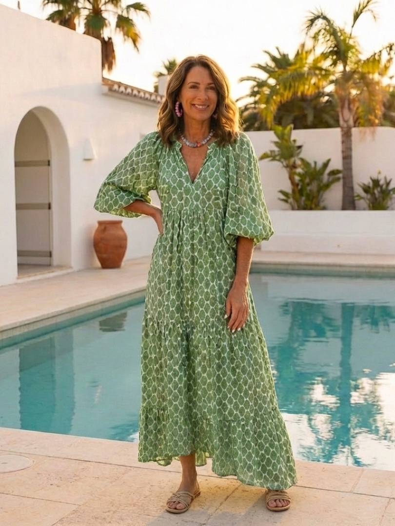 Apolline™ Three Quarter Sleeve V Neck Patterned Midi Dress