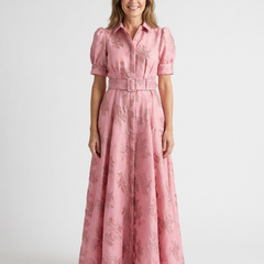 Xanthea™ Short Sleeve Belted Floral Textured Maxi Shirt Dress