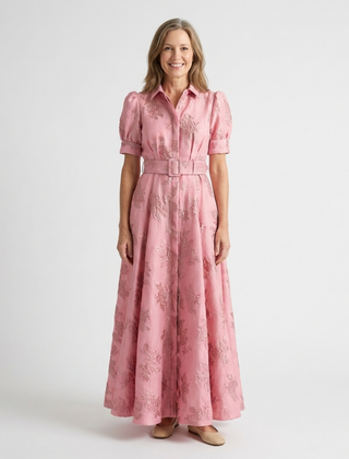 Xanthea™ Short Sleeve Belted Floral Textured Maxi Shirt Dress