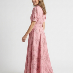 Xanthea™ Short Sleeve Belted Floral Textured Maxi Shirt Dress