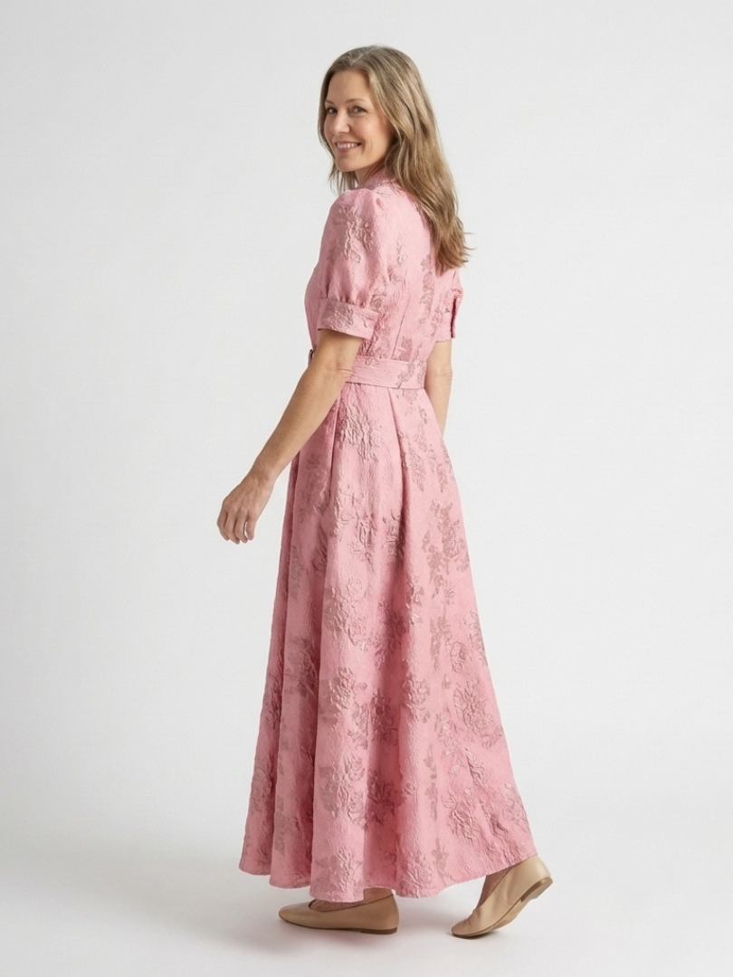 Xanthea™ Short Sleeve Belted Floral Textured Maxi Shirt Dress