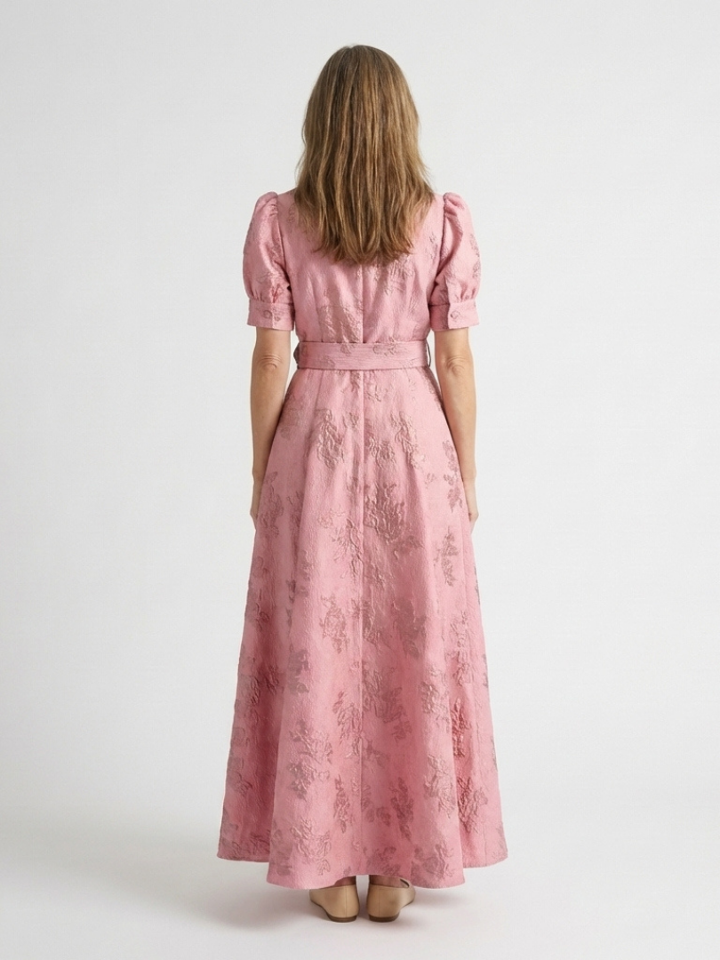 Xanthea™ Short Sleeve Belted Floral Textured Maxi Shirt Dress