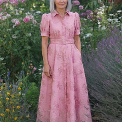Xanthea™ Short Sleeve Belted Floral Textured Maxi Shirt Dress
