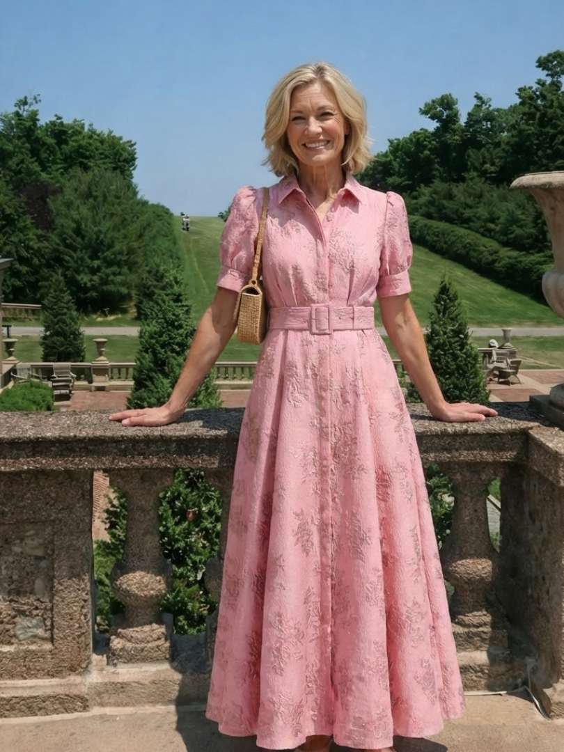 Xanthea™ Short Sleeve Belted Floral Textured Maxi Shirt Dress