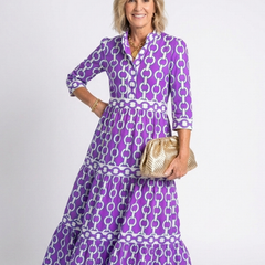 Ysolde™ Three Quarter Sleeve Chain Pattern Midi Dress