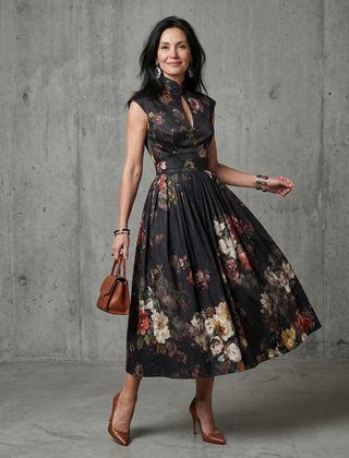 Greta | High Neck Keyhole Floral Pleated Midi Dress