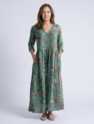 Marina™ Floral V Neck Three Quarter Sleeve Maxi Dress