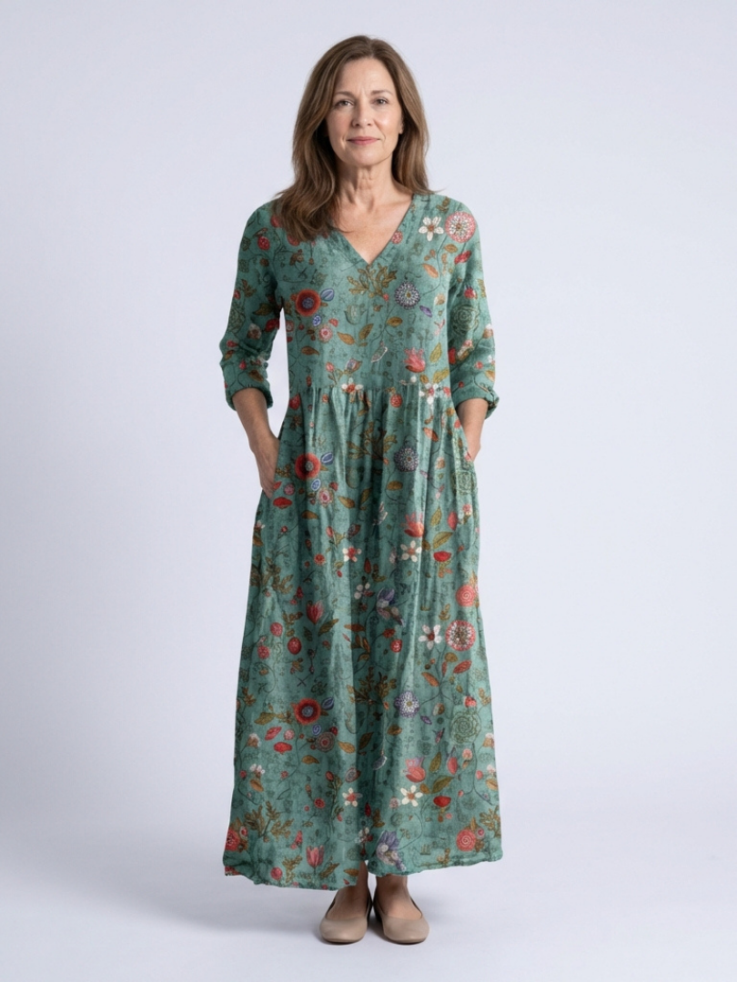 Marina™ Floral V Neck Three Quarter Sleeve Maxi Dress