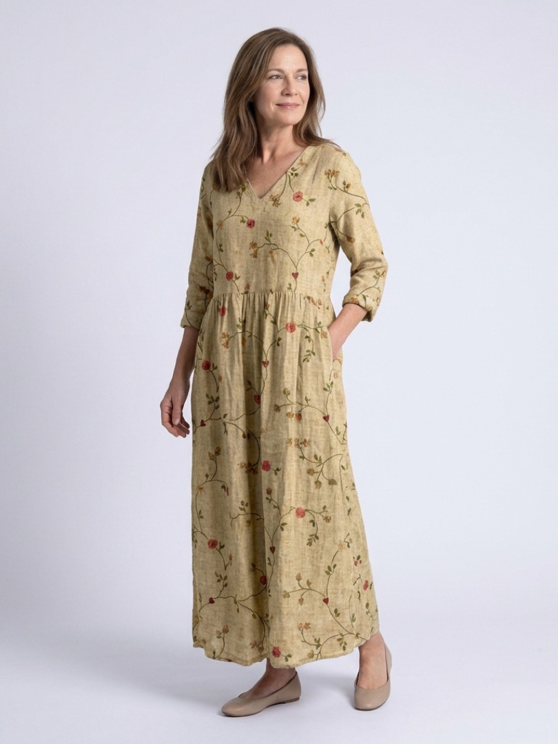 Marina™ Floral V Neck Three Quarter Sleeve Maxi Dress