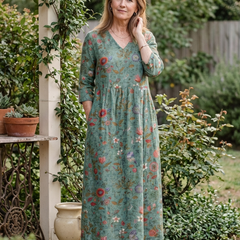 Marina™ Floral V Neck Three Quarter Sleeve Maxi Dress