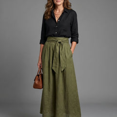 Vera™ Two Piece Set Black Blouse Olive Green Midi Skirt
