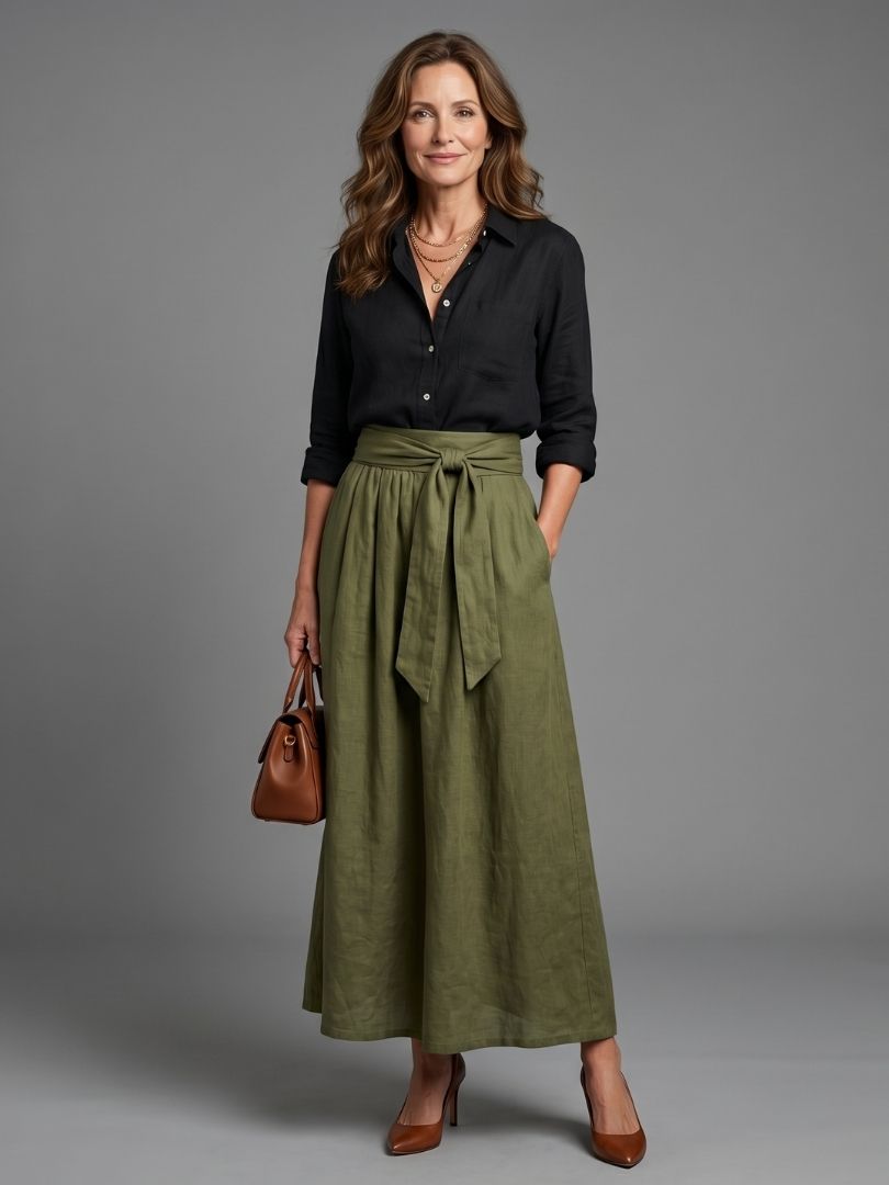 Vera™ Two Piece Set Black Blouse Olive Green Midi Skirt
